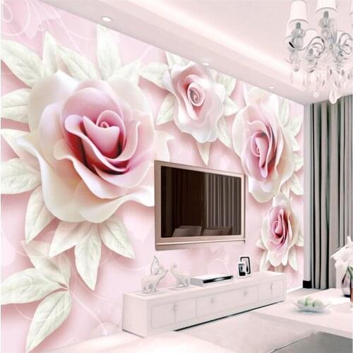 Beibehang Custom wallpaper murals photo fresh and simple 3d relief three-dimensional pink roses living room bedroom TV wall