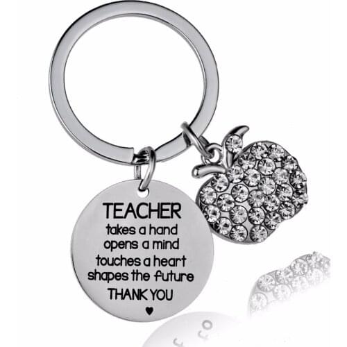 12PC/Lot Teacher Takes A Hand Keychain Jewelry Crystal Heart Apple Charms Stainless Steel Keyring Teachers Key Chains Rings Gift