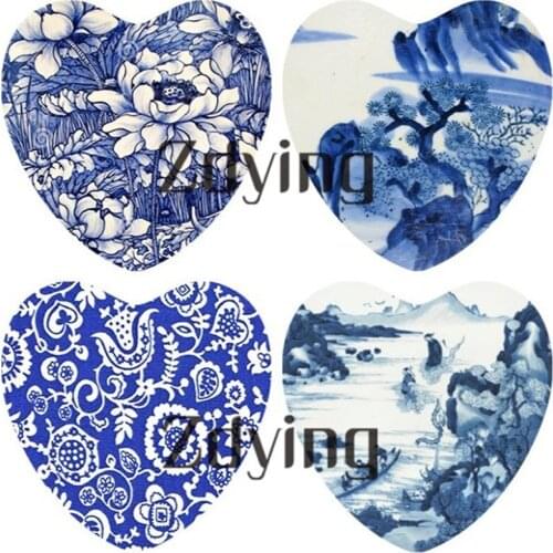 ZDYING 10pcs Heart Shape Blue And White Porcelain Glass Cabochon 25mm Beads Charm Cameo Pendant Settings DIY Jewelry Findings