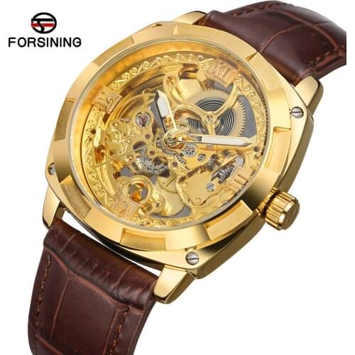 2019 Forsining Top Brand Royal Luxury Golden Flower Transparent Brown Leather Belt Creative Mens Watch Skeleton Mechanical Clock