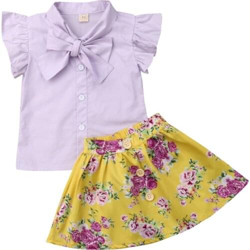 Toddler Kids Baby Girls Bowknot Tops T-shirt Floral Skirt 2PCS Outfits Clothes Size 1-4Y