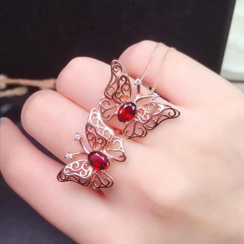 New design natural garnet Set Ring Necklace 925 Sterling Silver Butterfly style gift