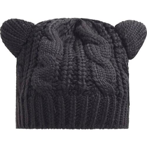 Cute Ears Black Knit Beanies Womens Hat Lady Girls Skullies Winter Cap Crochet Cable Pattern
