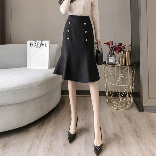 Fashion Breasted Mid Skirt Women Autumn Winter Mermaid Skirt Women High Waist Black Buttock Fishtail Office Lady Skirt Women