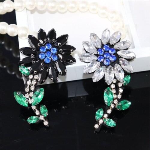 Fashion New Black Silver Rhinestones Flowers Beads Flower Patches for Clothes Applique Sew On Patches for DIY Clothes