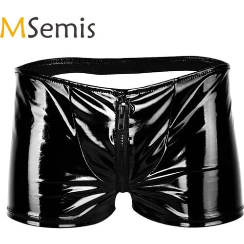 MSemis Men Crotchless Boxer Black Shiny Metallic Patent Leather Open Zipper Bulge Pouch Open Butt Hot Sexy Shorts Gay Underwear