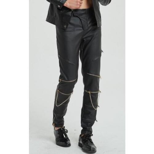 Multi-zipper faux leather pants mens feet pants fashion motorcycle pu trousers for men personality pantalon homme