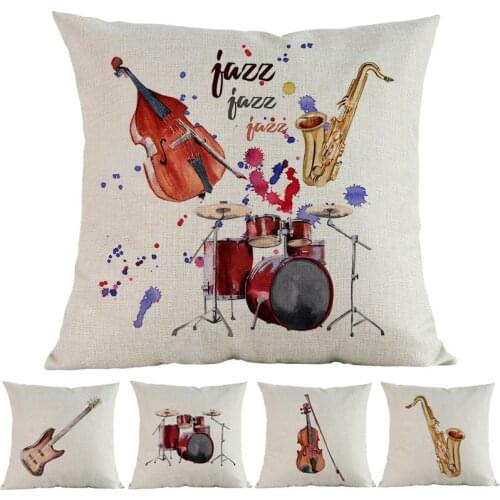 Watercolor Style Musical Instrument Pattern Drum Set Guitar Violin Saxophone Piano Pillow Case Sofa Decoration Cushion Cover