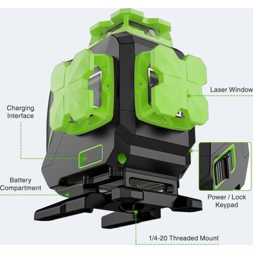 Huepar 16 lines 4D Cross Line Laser Level 4*360 Self-leveling Green Beam Lines with USB Charge Use Dry & Li-ion Battery S04CG-L
