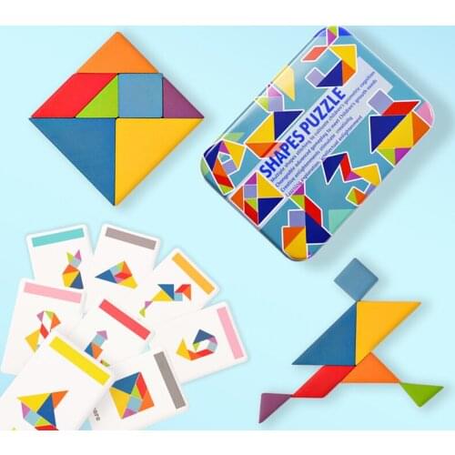 Iron Box Wooden Shapes Puzzles Creative Colorful Tangram Children Early Education DIY Large Pieces Puzzle Toy With Cards