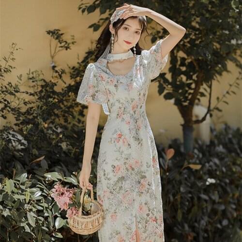 Dress French Romantic Girl Sweet Floral Dress Summer 2021 Fashion Chic French Hollow Ladies Retro Puff Sleeve Dresses Women