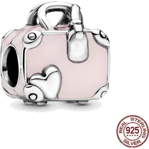 2021 New Silver Color Beads Pink Travel Bag Charms fit Original Pandora Bracelet Necklace Diy Jewelry Making