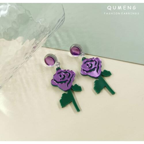 QUMENG Original Design Summer 2021 New Jewelry Mirror Retro Rose Flowers Acrylic Dainty Pendant Piercing Earrings For Women