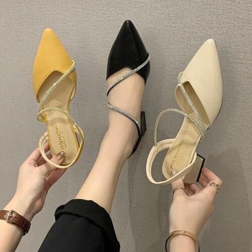 Sandals Female Fairy Style Word with Rhinestones Spring and Summer New Pointed Toe Baotou Fashion Womens Shoes Sandals