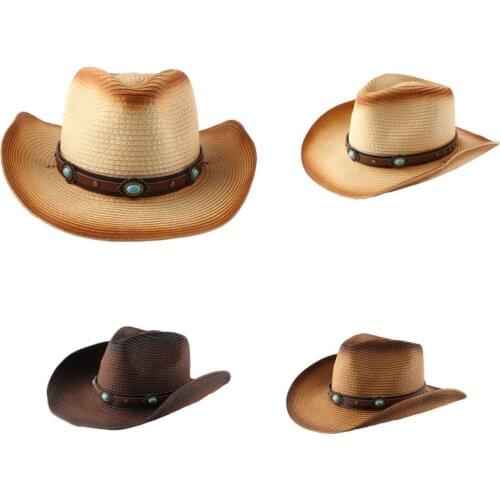 European and American curled straw woven western era cowboy hat summer seaside beach sunscreen Panama Fedora hat sun hat