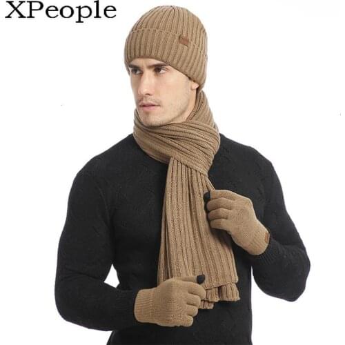 XPeople Hat And Glove Scarf Boys Set Soft Fleece Lined Warm Winter Men 3 PCS Knitted Set Knit Hat