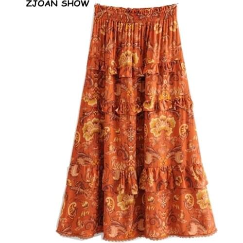 2019 New Bohemian Orange Feather Floral Print Long Skirt Holiday Women Elastic Waist Wood ears Ruffles Lace Swing Skirts Beach
