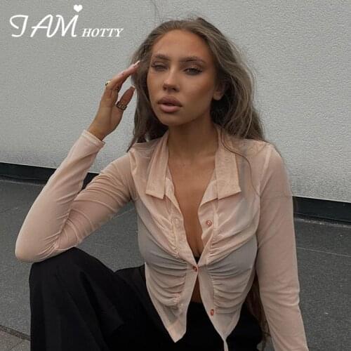 Folds Mesh Transparent T-shirt Women Sexy See Through Button Up Cropped Top Casual Basic Shirt Turn-down Collar Tees Iamhotty