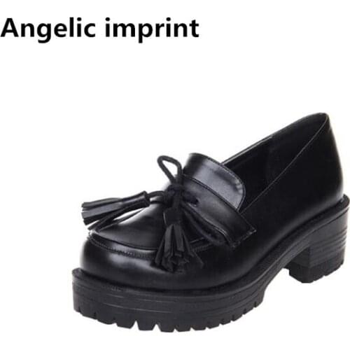 Angelic imprint woman mori girl lolita cosplay punk shoes lady mid trifle heels pumps women princess dress shoes Tassels 35-39