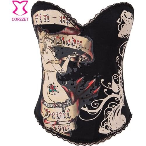 Sweetheart Overbust Burlesque Naked Lady Print Cotton Gothic Corset Top Espartilho Sexy Korsett For Women Corsets and Bustiers