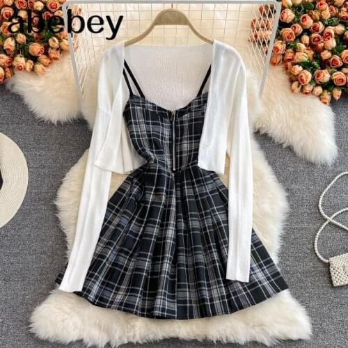 2021 New Spring Autumn Vintage long sleeve knitted cardigan Top + high waist pleated Plaid print short strap Dress two piece set