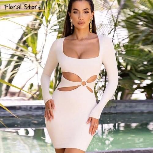 FLORAL STORY U-neck Hollow Out Bodycon Mini Dress Spring & Autumn Woman Long Sleeves Solid Street Fashion Sexy Short Dress