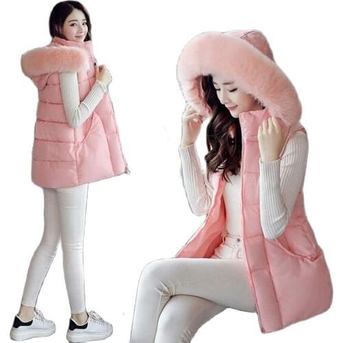 Large Size Vest Womens Jackets Down Cotton 2021 Autumn Winter New Coat Mid-Length Large Fur Collar Waistcoat Female Outwear Top