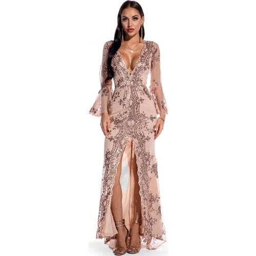 Ziamonga 2021 Elegant Women Long Sleeve Sexy V-Neck Slim High Waist Sequins Women Dresses Floor Length Maxi Party Dress Vestidos
