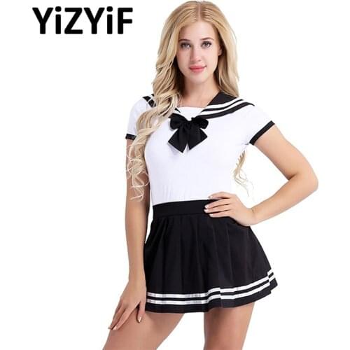 2Pcs Women Girls School Uniform Cosplay Costume Short Sleev Romper With Mini Pleated Shirt Cosplay Set Student Role Play Costume