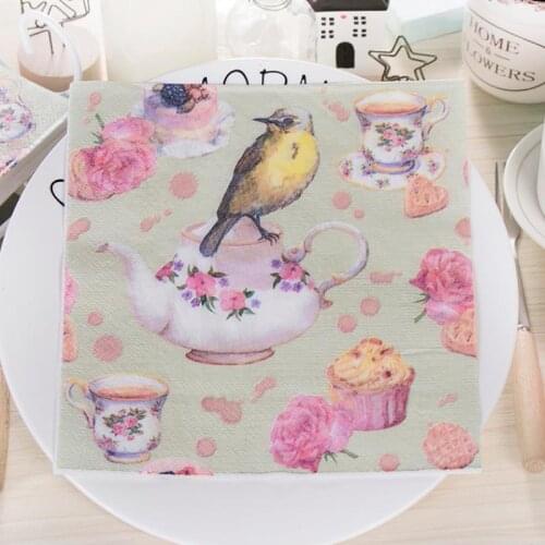 20Pcs/Pack New Cute Tea Bird Flower Theme Paper Napkins Tissue Napkins Decoupage Decoration Festive Party Supplies