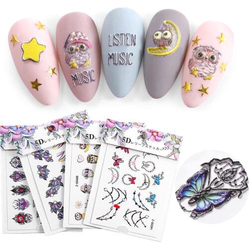 5D Self Adhesive Embossed Nail Stickers Butterfly Bee Flowers Feather Empaistic Designs Acrylic Engraved Charm Decal Decorations