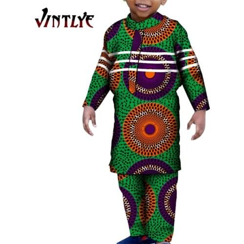 African Childrens Clothes Ankara Fashion Boys Suits 2 Pieces Sets Printed Shirts and Pants Babys Gifts Party Wear WYT490