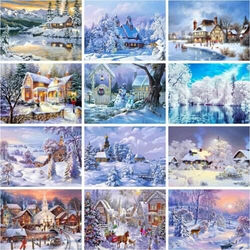 HUACAN 5d Diy Diamond Painting Winter House Home Decor Diamond Mosaic Snow Scenery Embroidery Wall Stickers
