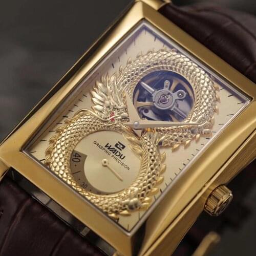 Luxury Carving Dragon Hand wind Mechanical Men Watch Tourbillon Analog Gold Rectangle Wrist Watch 7 Colors A64
