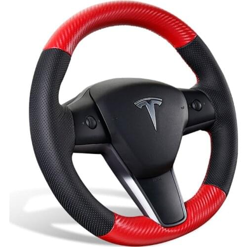 Interior DIY 3D Carbon Fiber&PU Leather Steering Wheel Hand Sewing Wrap Cover Fit For Tesla model 3 2017-2020