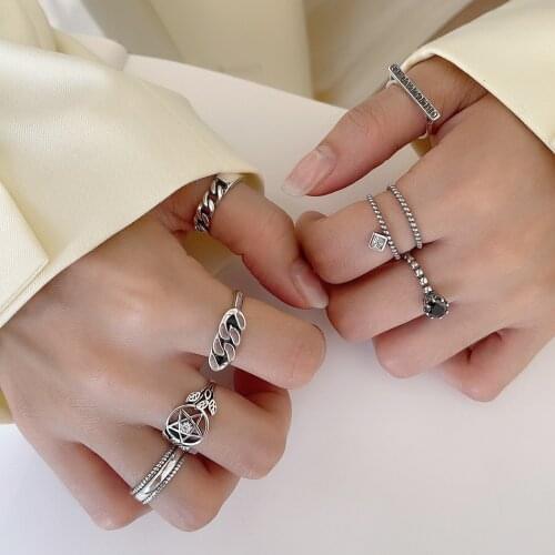 MLKENLY Hiphop/Rock 925 sterling silver Geometry Circular Chain Punk Rings Set Open Buckle Ring for Women Accessories