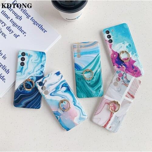 Coral Marble Phone Case for Samsung Galaxy S21 Ultra Plus A72 A52 A42 A12 Shell Fold Finger Ring Stand Precision Hole Back Cover