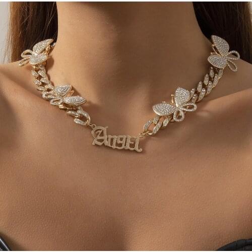 AITIEI Rhinestone Cuban Butterfly Choker Necklace For Women With 'Angle' Letter Chunky Miami Curb Chain Necklace Hip Hop Jewelry