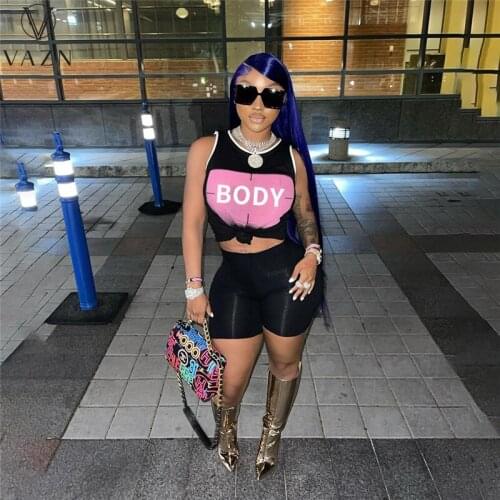 VAZN 2021 Hot Regular Letter Young Casual Free Short Pants Tank Top Women 2 Piece Set Gym Clothing Suit Women Active Wear