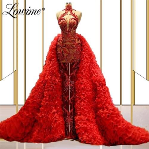 Lowime Amazing Red Long Prom Dresses 2021 Couture Mermaid Celebrity Dresses Beaded Plus Size Arabic Middle East Party Gowns Robe