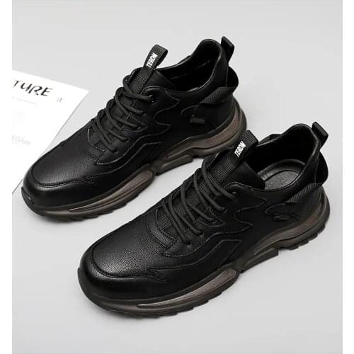 Mens Spring Autumn Casual Shoes Leather Thick Soled Lace Up Sports Casual Shoes Breathable Cushioned Wear Resistant Dad Shoes