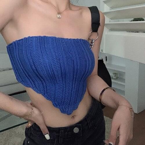2021 New Solid Color Tube Tops Women Strapless Bandeau Knit Crop Tops Vintage club Sexy Hanky Hem Tank Tops Female