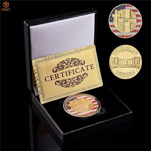 WWII Cimetiere Militaire American Norman War Memorial Gold Challenge Commemorative Coin W/Luxury Box