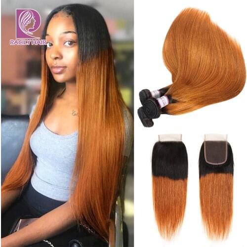 Racily Hair Ombre Brazilian Straight Hair Bundles With Closure T1B/30 Bundles With Closure Remy Human Hair Bundles With Closure