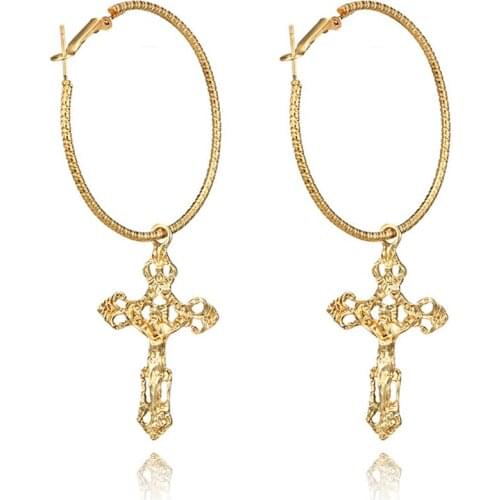 SRCOI Punk Hyperbole Jesus Big Cross Circle Sexy Hoop Earrings Alloy Round Bohemian Baroque Accessories Women Party Gold Earring