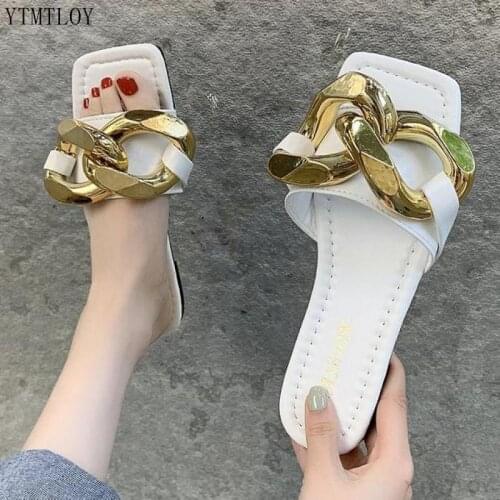 Shoes Women Female Slippers Slides Fashion Soft Flat Luxury Rubber Metal Decoration Zapatillas Casa Mujer Sapato Feminino