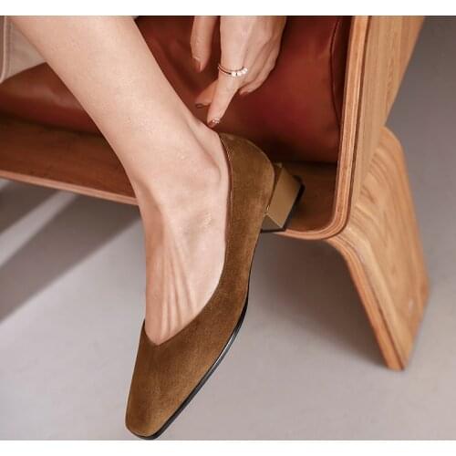 New Kid Suede Women Shoes All-match Square Toe Slip-On Spring and Autumn Shallow Pumps Fashion Thick Heel Size 34-39 Handmade