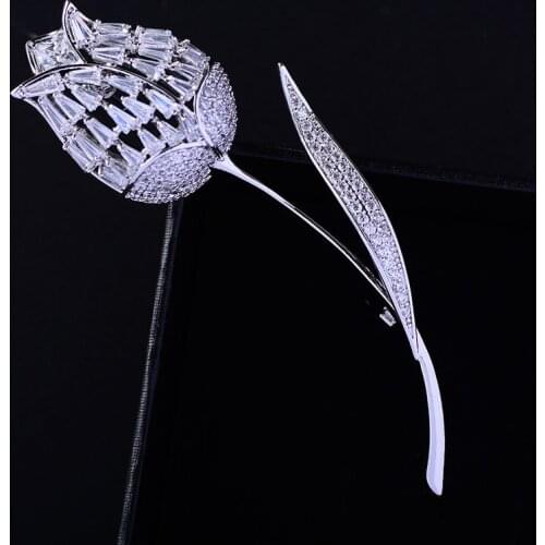 Simple Tulip Brooches Pins Clear Zircon Crystal Brooches for Women Wedding Elegant Flower Brooch Jewelry Pin Badge broche femme