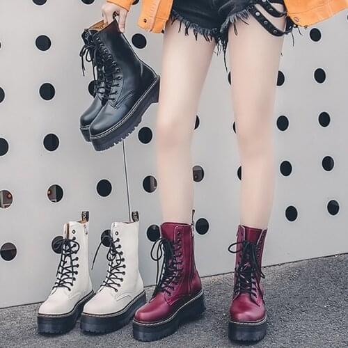 10-Eye Women Motorcycle Boots Mid-Calf Boots Lace Up Side Zipper Flat Platform Shoes Female High Heels Martin Boots