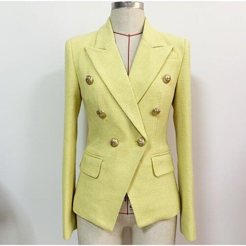 HIGH QUALITY Newest 2021 Fashion Designer Jacket Womens Lion Buttons Double Breasted Yellow Houndstooth Tweed Blazer